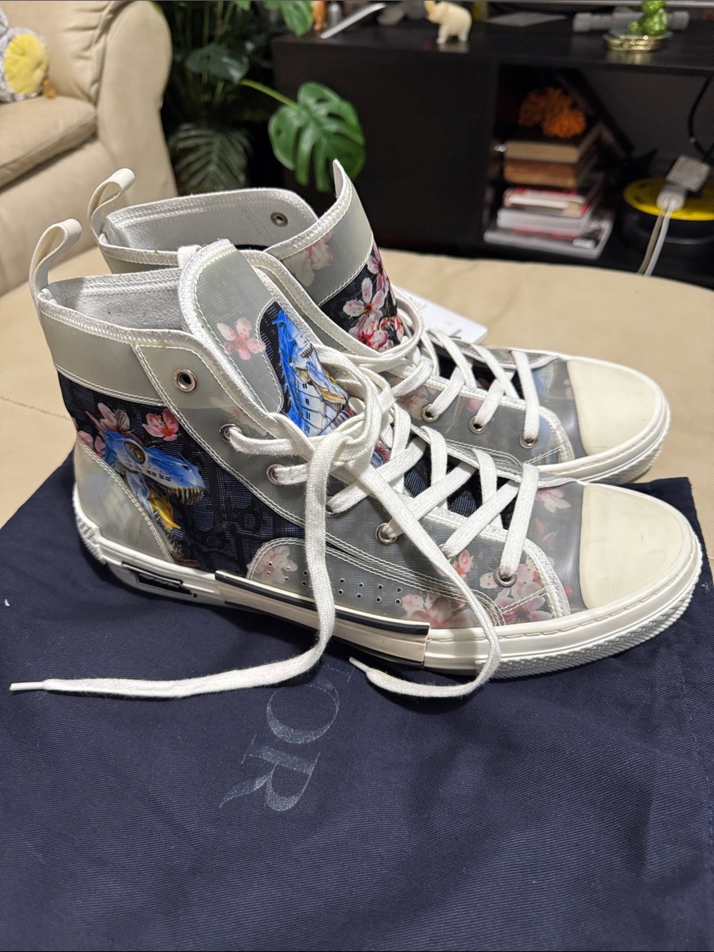 Dior White High-Top Sneakers with Blue Bird & Floral Print